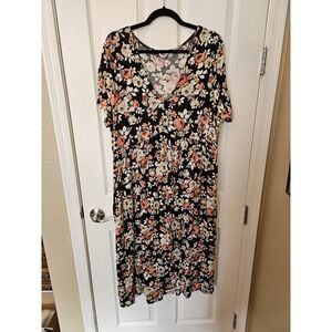 Unicorn Tribe Floral V-Neck Elastic Waist Stretchy Short Sleeve Midi Dress, 2XL